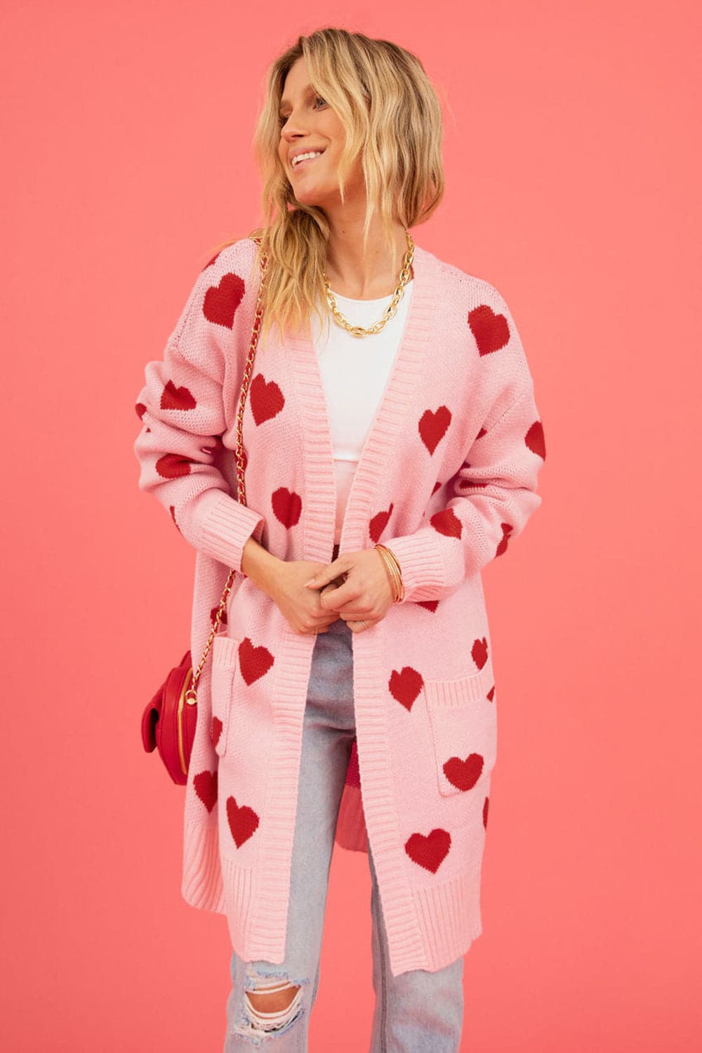 Heart Graphic Open Front Cardigan with Pockets.