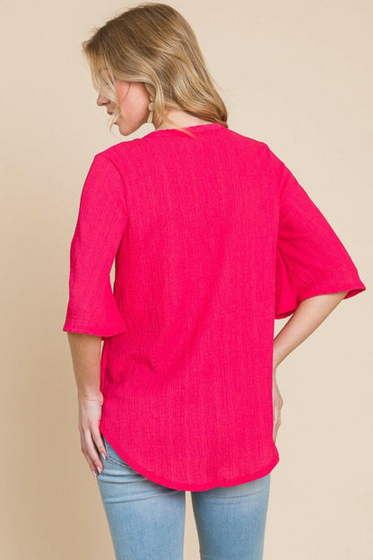 BOMBOM Texture Decorative Button V-Neck Top.