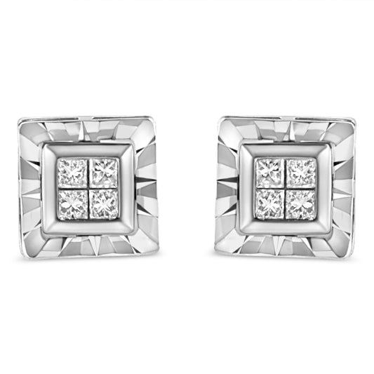 Bids.com .925 Sterling Silver 1/6 Cttw invisible set princess-cut diamond quad composite stud earrings, full view.