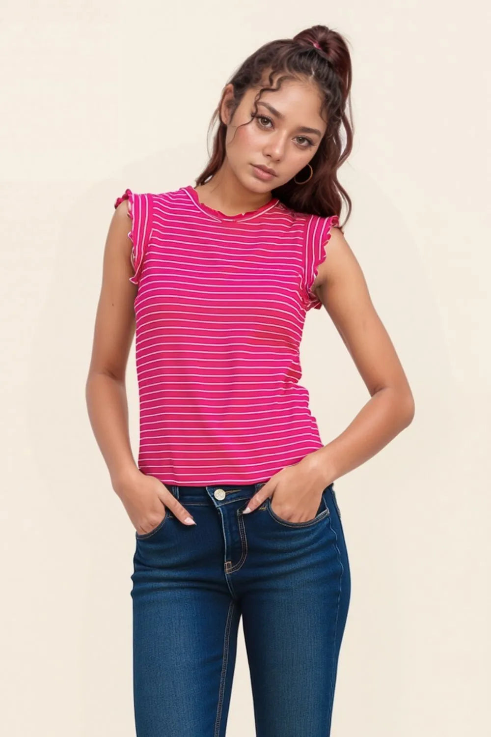 Zenana Ribbed Ruffle Trim Sleeveless Stripe Top - Love Salve 