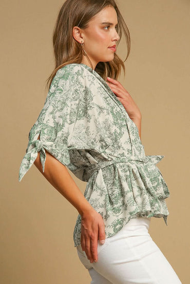 Nature-Inspired Green Print 3/4 Sleeve Sash Shirt