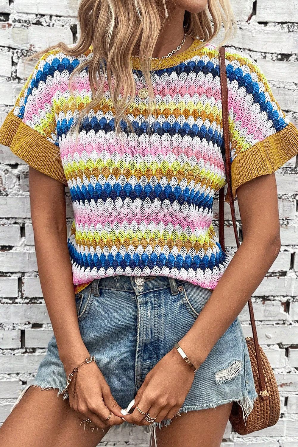 Striped Round Neck Short Sleeve Sweater.