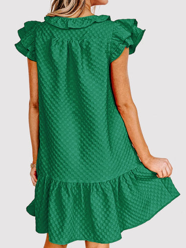 Ruffled Tie Neck Cap Sleeve Dress.