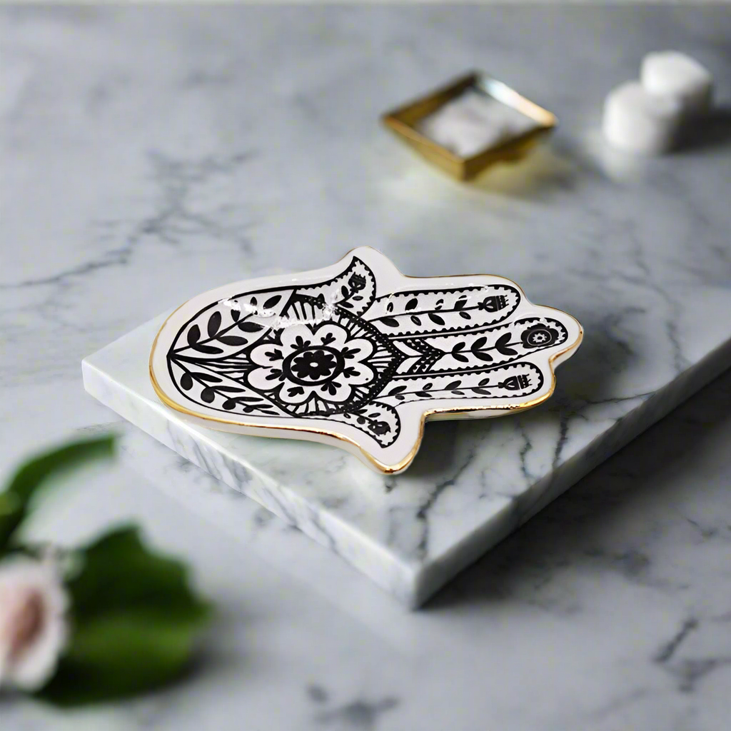 Sacred Hamsa Trinket Tray Ceramic With Gold Trim Finish Fitkitty Culture Athleisure Wear, Yoga Wear & Women's Clothing