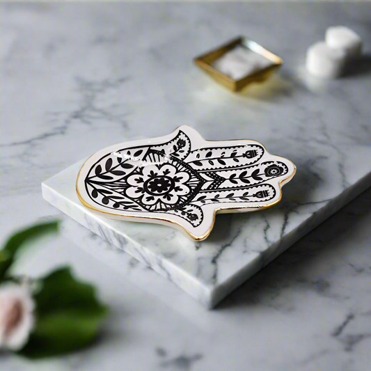 Sacred Hamsa Trinket Tray Ceramic With Gold Trim Finish Fitkitty Culture Athleisure Wear, Yoga Wear & Women's Clothing