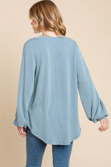 BOMBOM Long Sleeve Curved Hem Ribbed T-Shirt.