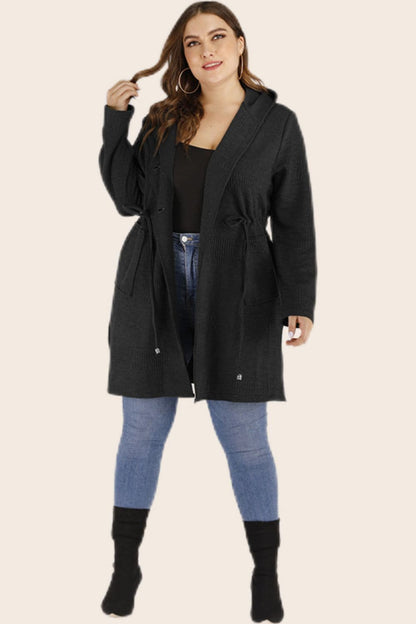 Plus Size Drawstring Waist Hooded Cardigan with Pockets.