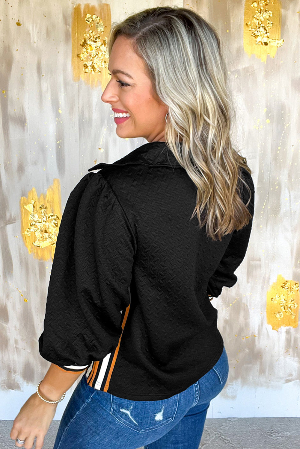 Black Stylish Textured Striped Patchwork Polo Collar Pullover Sweatshirt For Casual Everyday Wear Dear-Lover Dropshipping