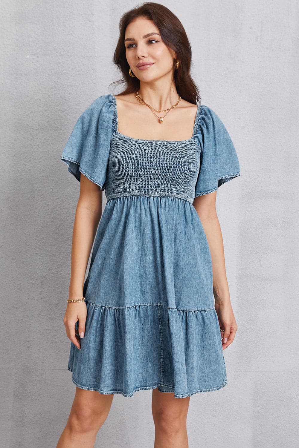 Smocked Square Neck Mini Denim Dress.