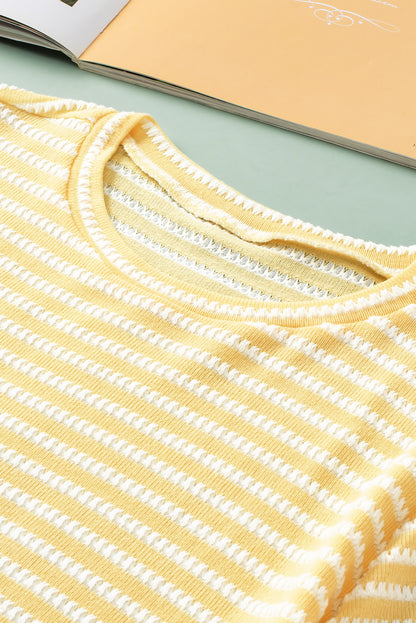 Chic yellow striped puff sleeve plus size jumper