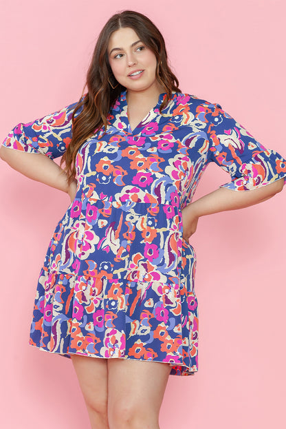 Chic blue floral ruffled mini dress with 3/4 sleeves for plus sizes