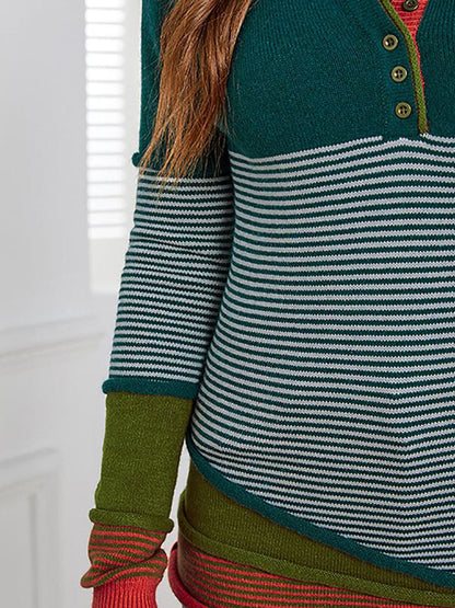 Striped Contrast Notched Long Sleeve Sweater.