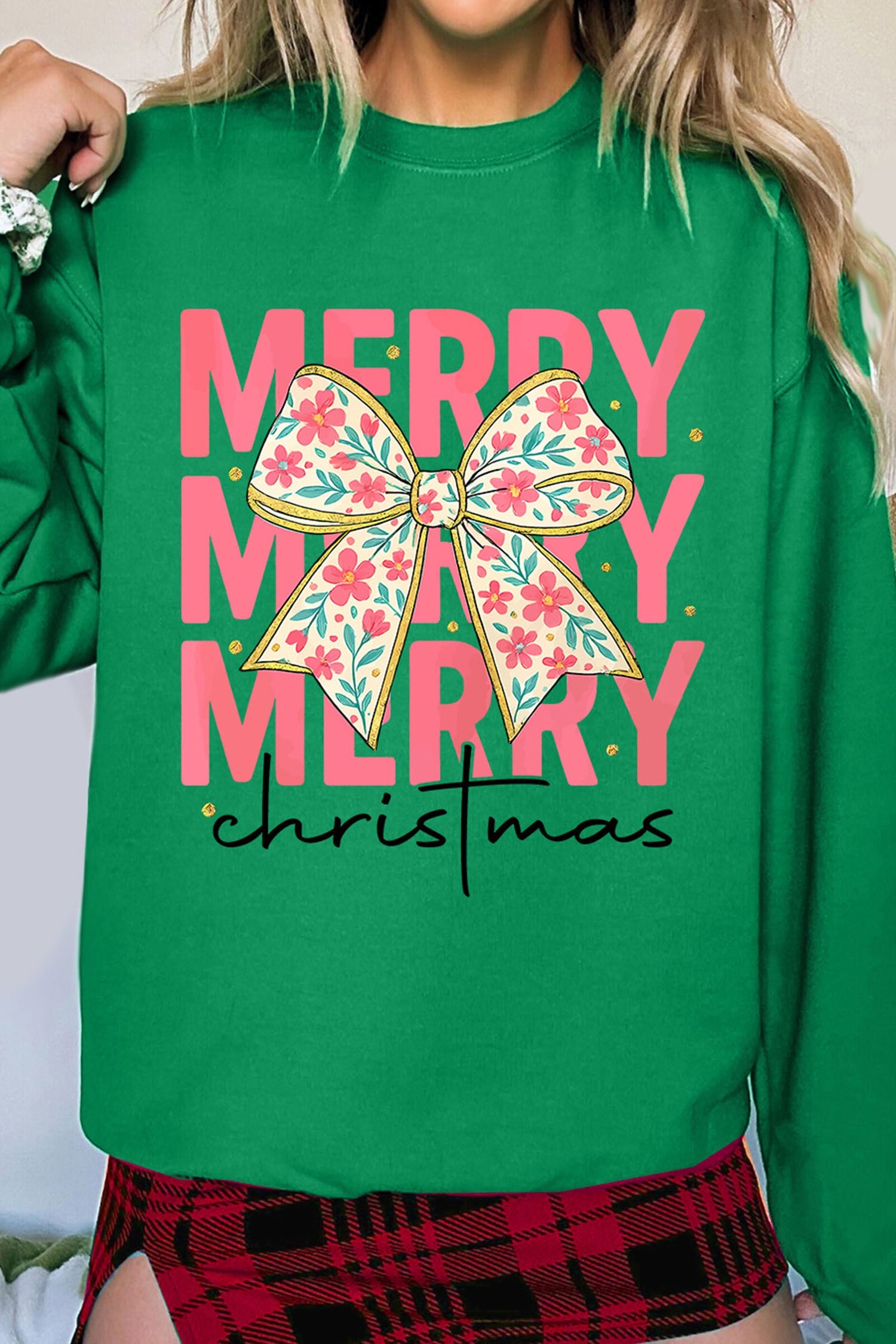 Dark Green Merry Christmas Floral Bow Graphic Drop Shoulder Sweatshirt Dear-Lover Dropshipping