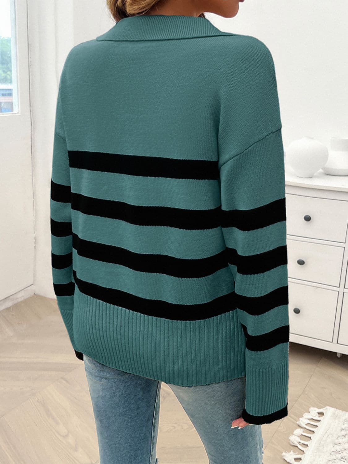 Striped Collared Neck Long Sleeve Sweater.