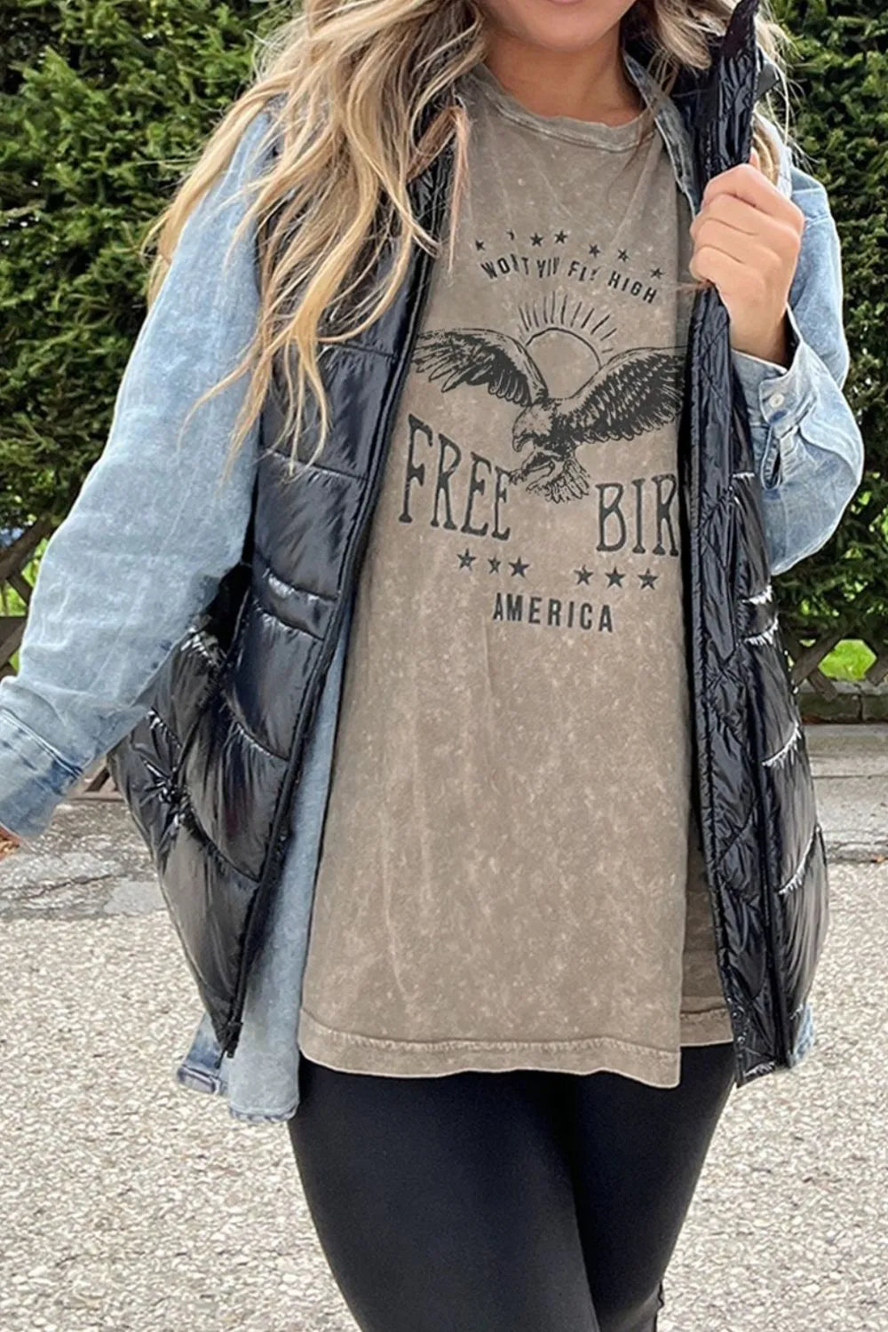AMERICA FREE BIRD Vintage Graphic Mineral Washed Tee - Product side view by Simply Love