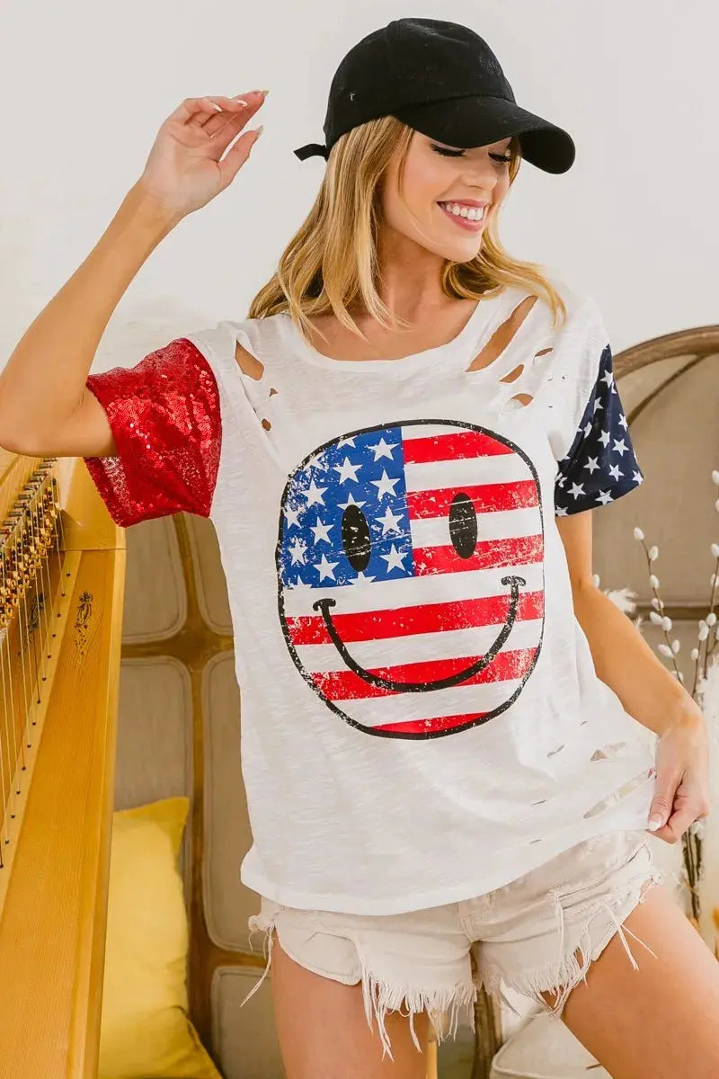BiBi Fourth Of July Top With Laser Cut And Smile Face - Love Salve 