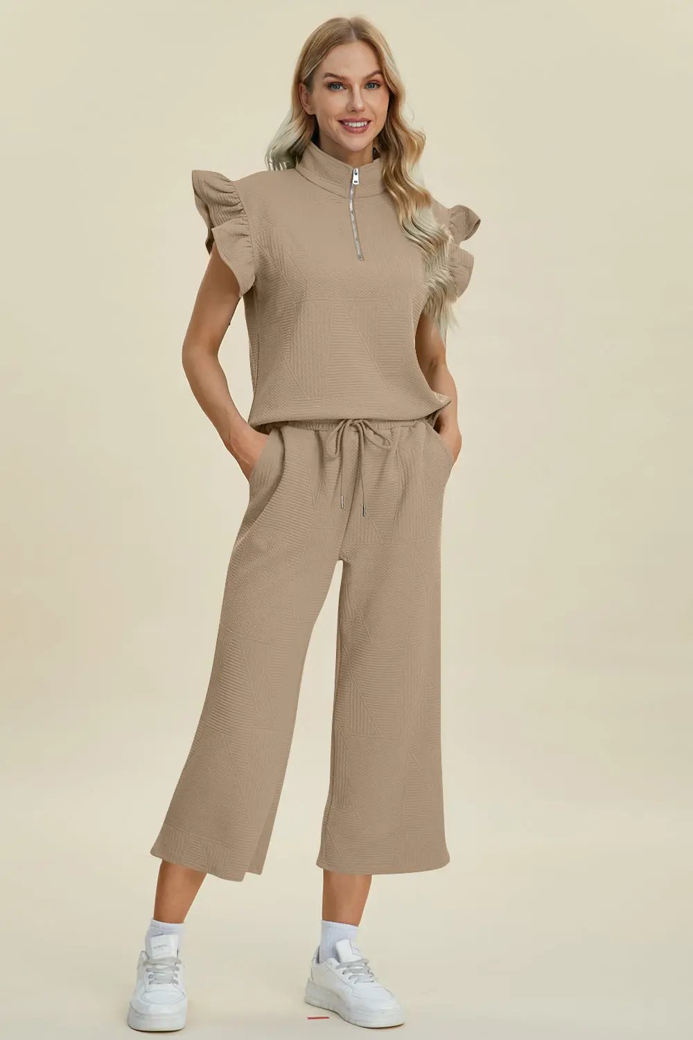 Double Take Full Size Texture Ruffle Short Sleeve Top and Wide Leg Pants Set - Love Salve