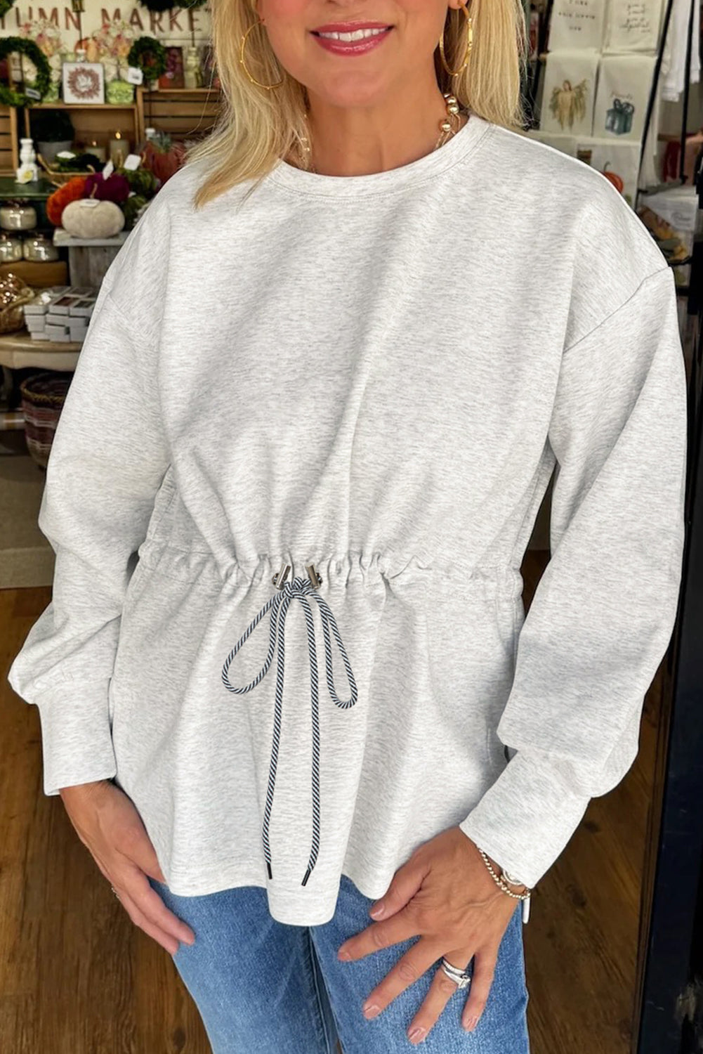 Light Grey Drawstring Waist Tunic Solid Sweatshirt Dear-Lover Dropshipping