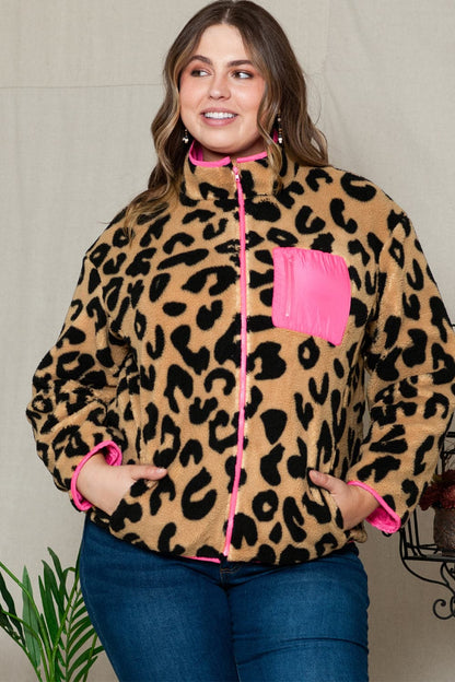 Plus Size Leopard Zip Up Jacket with Pockets.