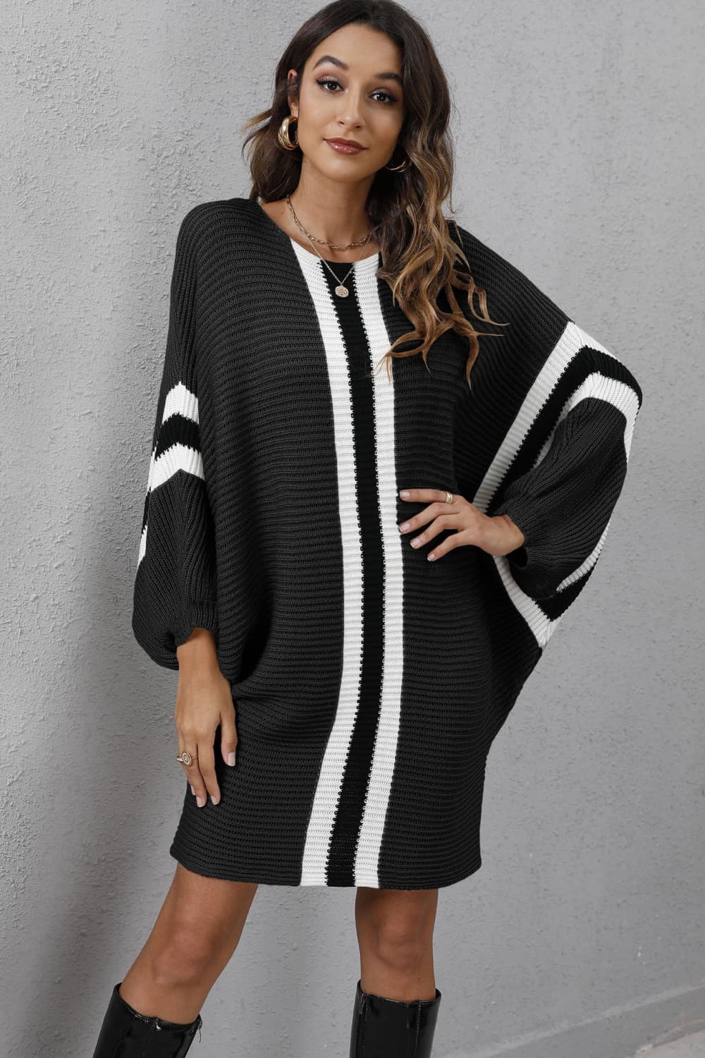 Ribbed Round Neck Long Sleeve Sweater Dress.