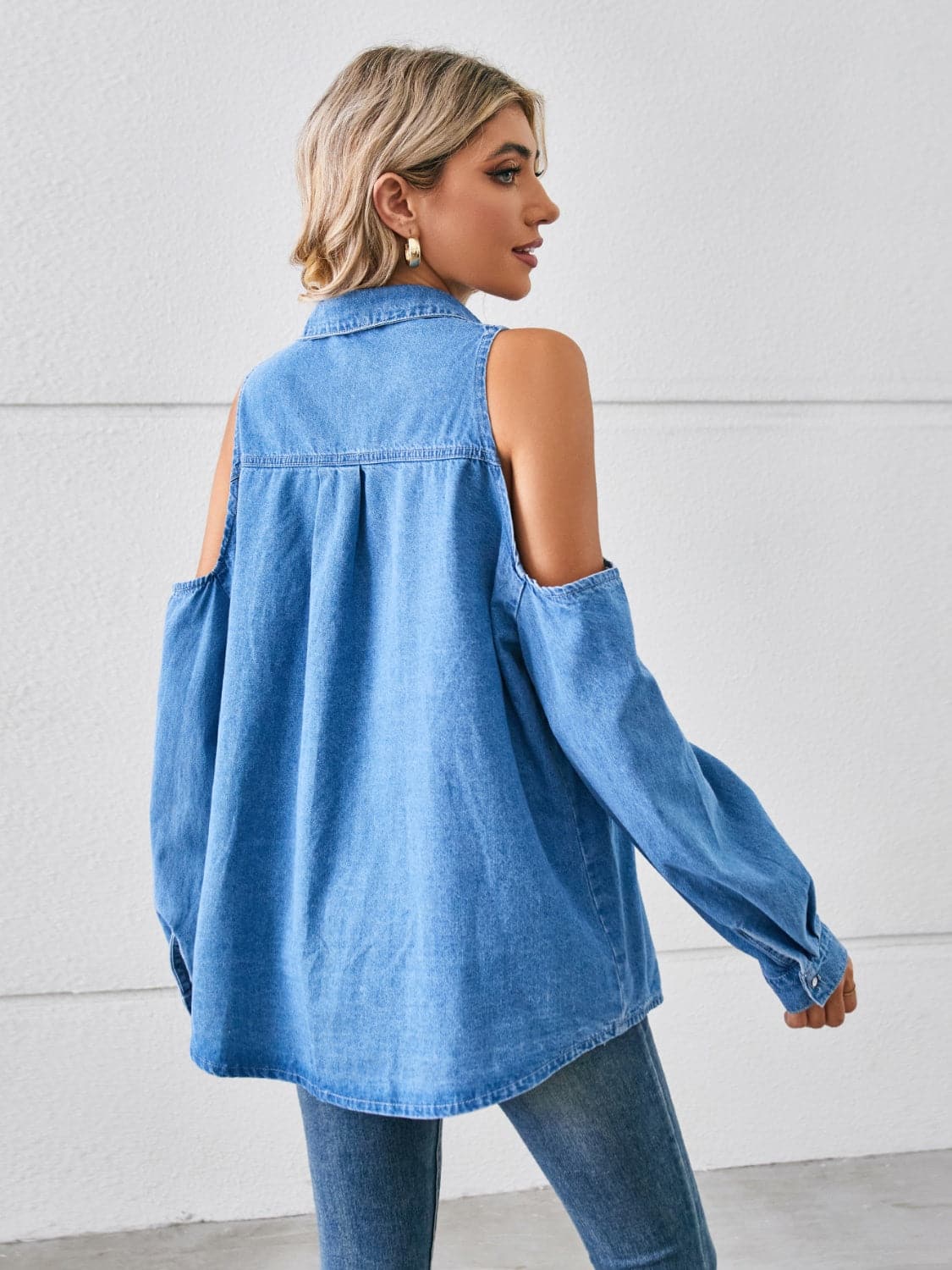 Cold Shoulder Pocketed Button Up Denim Jacket.