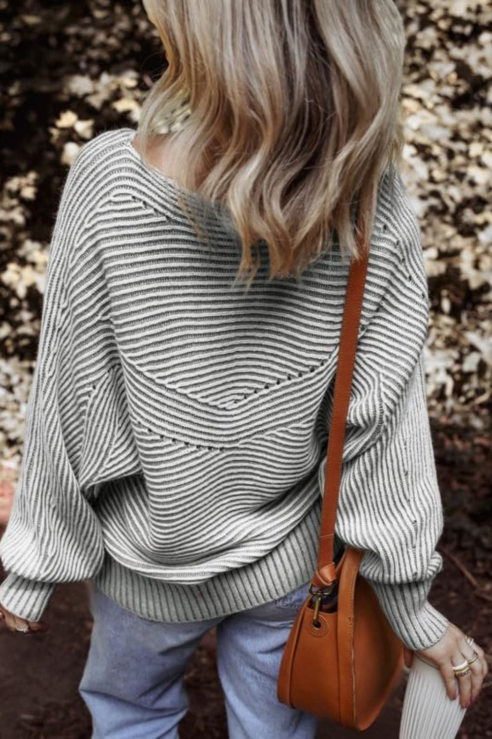 Textured striped long sleeve top with round neck