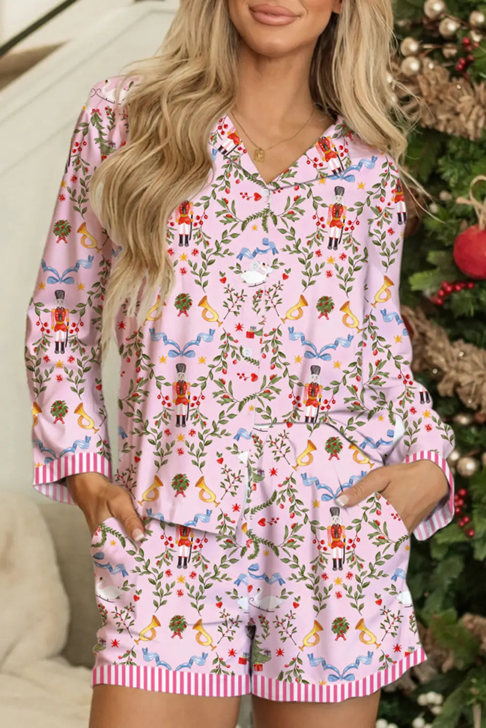 Pink Christmas Nutcracker Pajama Set 2Pc Long Sleeve Shorts Holiday Print Dear-Lover Dropshipping