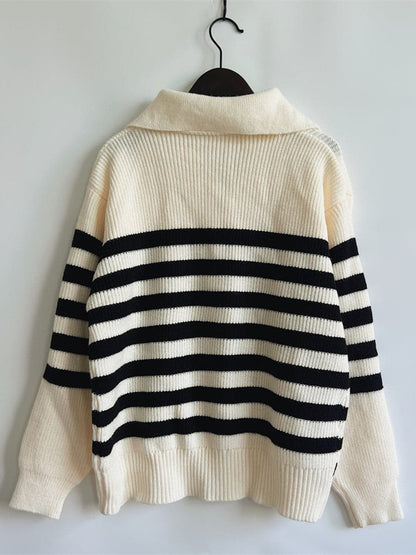 Striped Half Zip Collared Sweater.