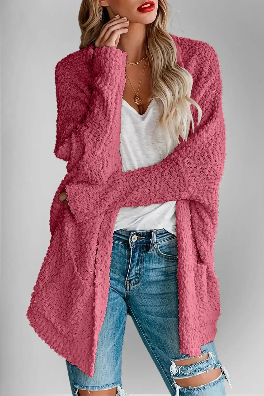 Double Take Pocketed Open Front Long Sleeve Cardigan - Love Salve