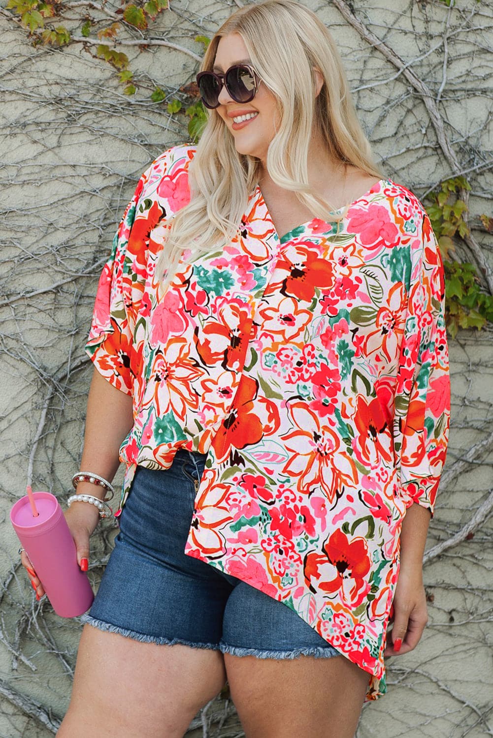 Plus Size Floral V-Neck Half Sleeve Shirt.