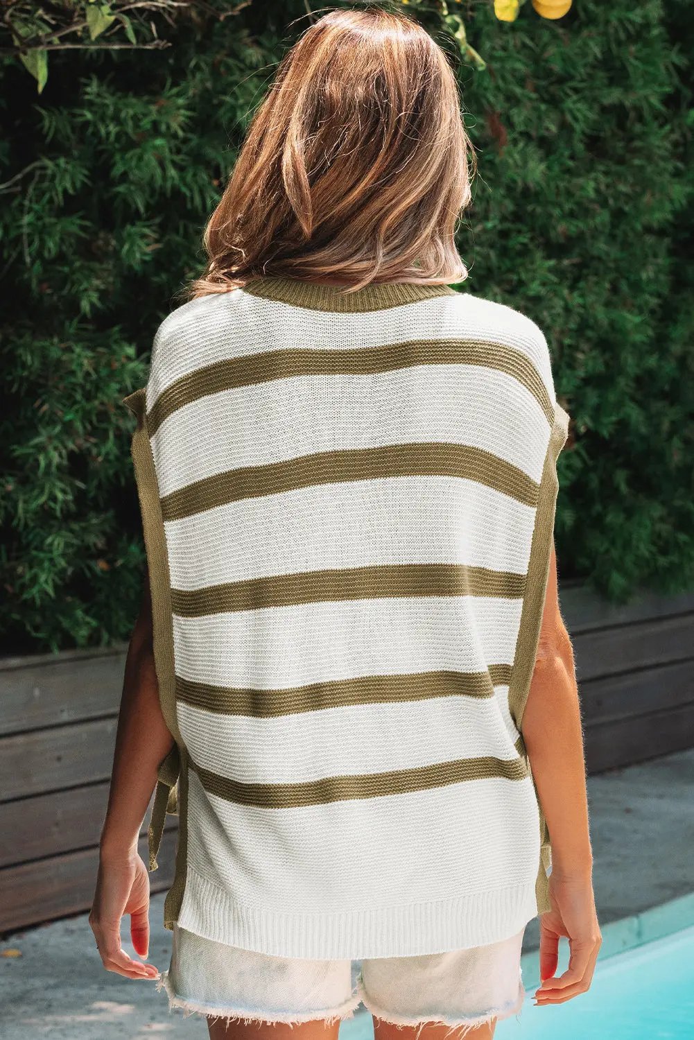 Khaki Stripe Tie Open Side Sweater Knitted Top for Women Love Salve