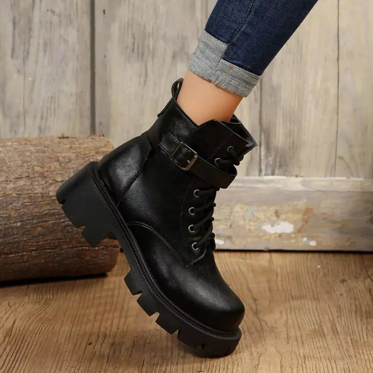 Lace-Up Buckle Accent Block Heel Boots Simply Love