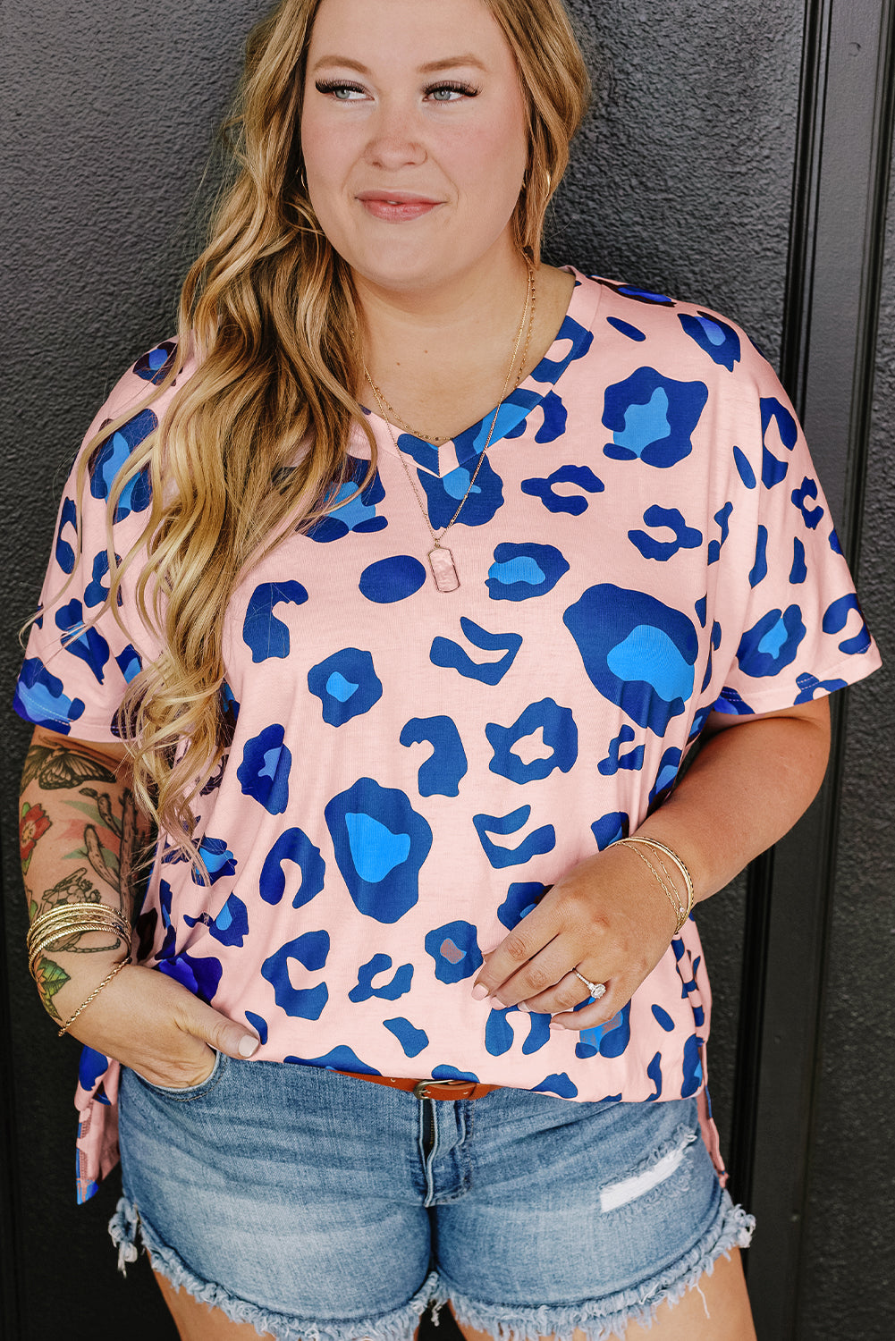 Wildly chic pink leopard print plus size v neck tee