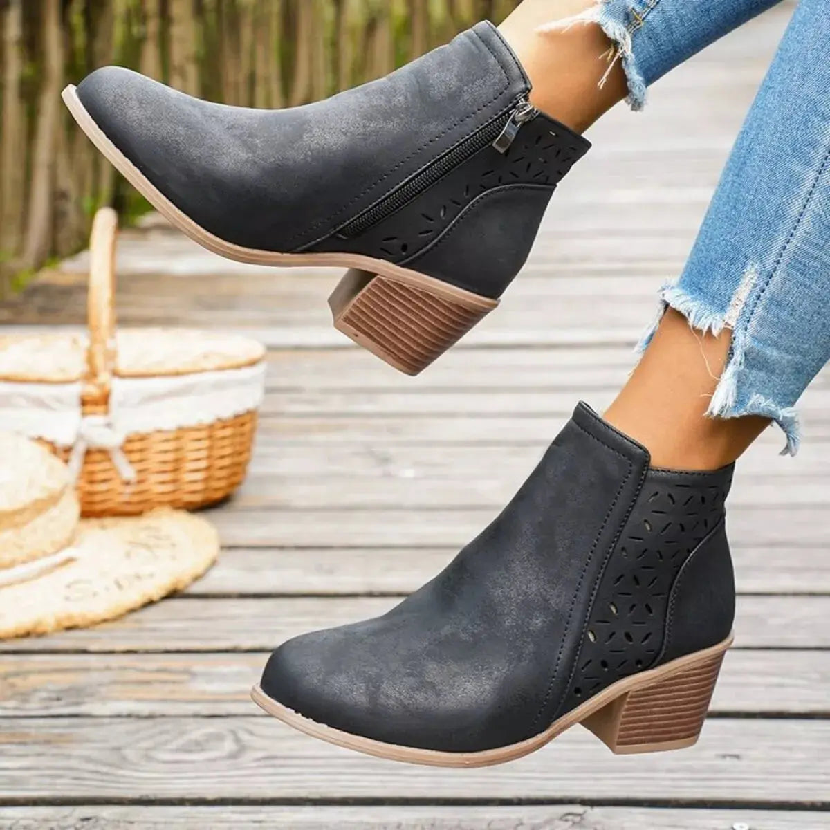 Block Heel Ankle Boots with Cutout Detail Simply Love