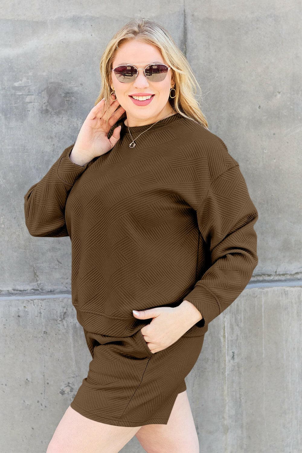 Double Take Full Size Texture Long Sleeve Top and Drawstring Shorts SeElevate Your Loungewear with Our Double Take Set
 Step into comfort and style with the Double Take Full Size Texture Long Sleeve Top and Drawstring Shorts Set. This Love Salve Full Size Texture Long Sleeve Topusa