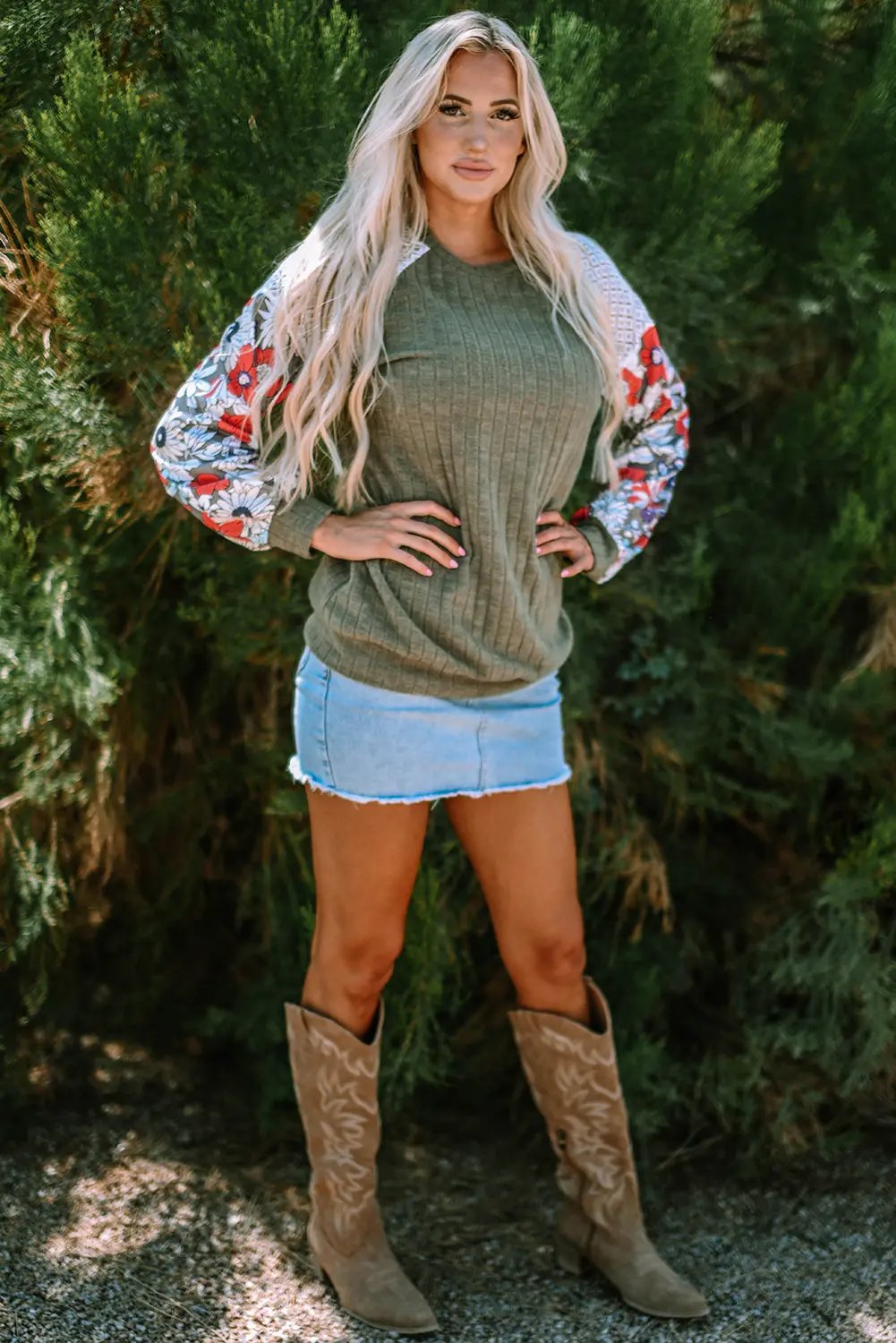 Bailey Patchwork Long Sleeve Ribbed Blouse with Floral Lace Detail - Love Salve 