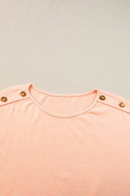 Chic apricot pink batwing sleeve tee with button accents