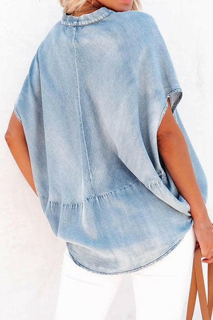 Short Sleeve Denim Blouse with Notched Detail.