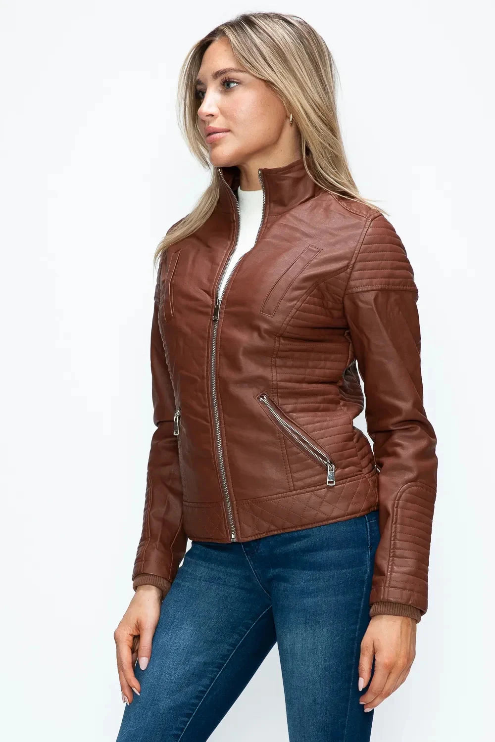 YMI Faux Layered Double-Zipper Jacket with Fuzzy Hood Coco’s Tee Boutique