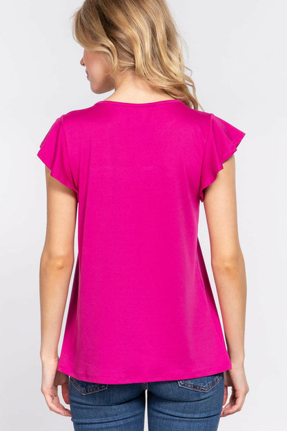 ACTIVE BASIC Ruffle Short Sleeve Lace Detail Knit Top.