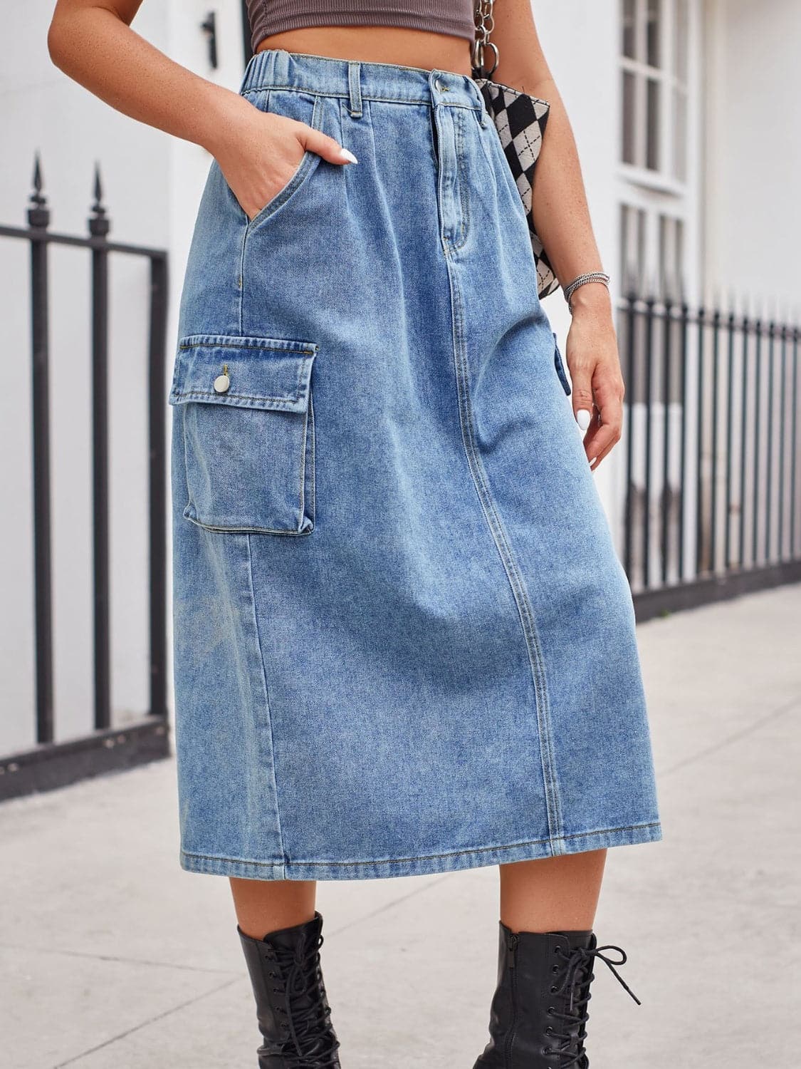 Slit Buttoned Denim Skirt with Pockets.