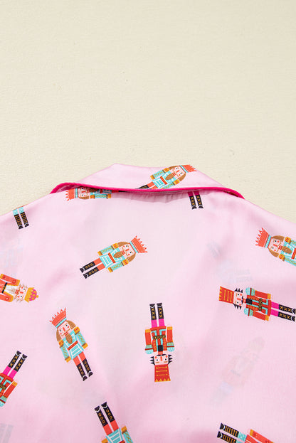 Pink Nutcracker Print Two Piece Pajama Set Contrast Trim Bow