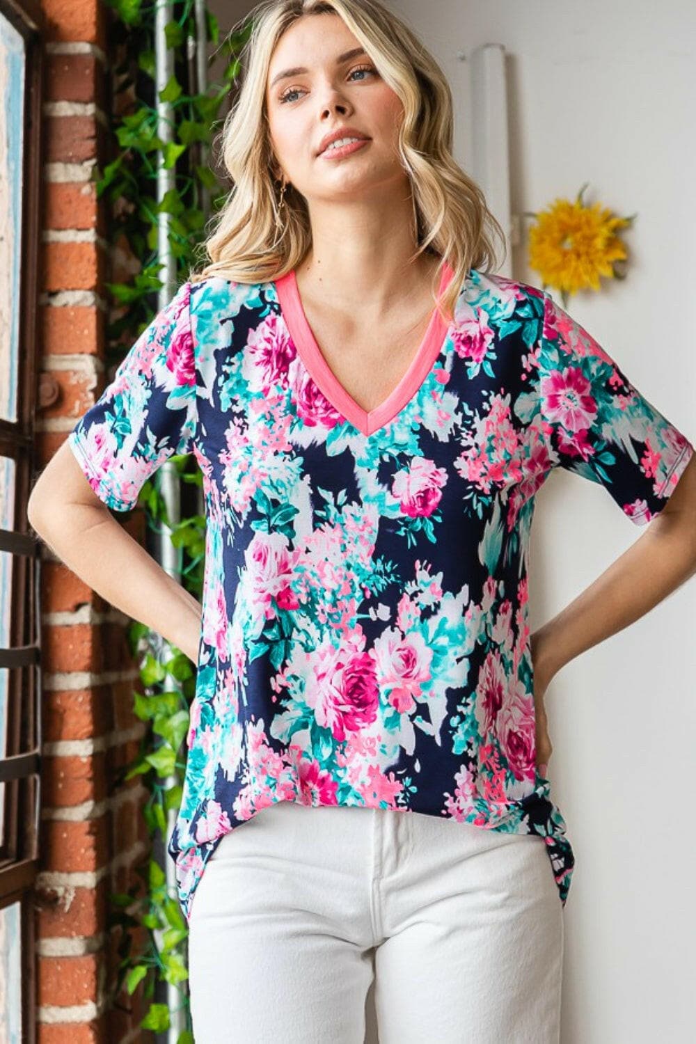 Heimish Full Size Floral V-Neck Short Sleeve T-Shirt.