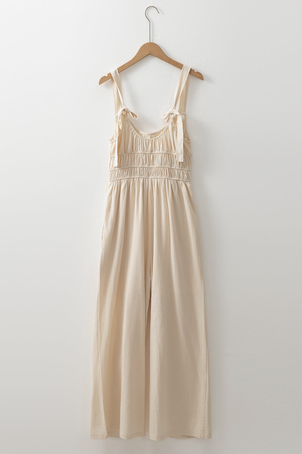 Beige Sleeveless Wide Leg Jumpsuit with Ruched High Waist Design