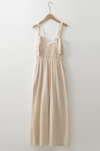 Beige Sleeveless Wide Leg Jumpsuit with Ruched High Waist Design