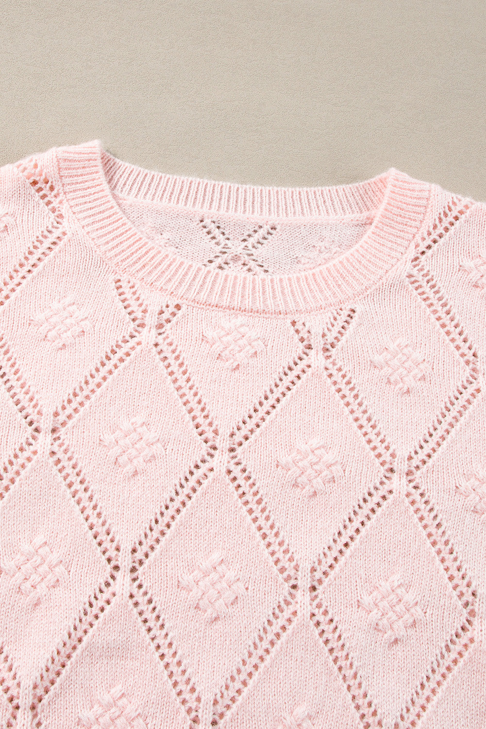 Gossamer Pink Plaid Puff Sleeve Cropped Sweater with Openwork Detail