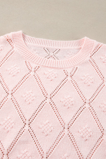 Gossamer Pink Plaid Puff Sleeve Cropped Sweater with Openwork Detail