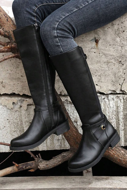 Chic Black Knee-High Faux Leather Boots with Side Zipper and Chunky Heel