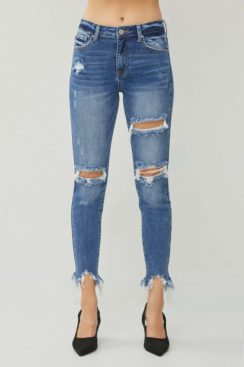 RISEN Distressed Frayed Hem Slim Jeans.