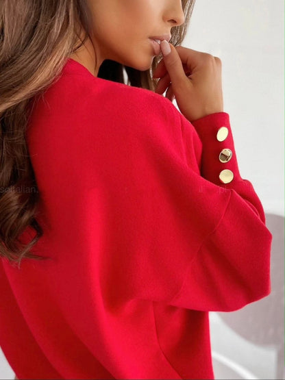 Chic V-neck long sleeve pullover with decorative buttons